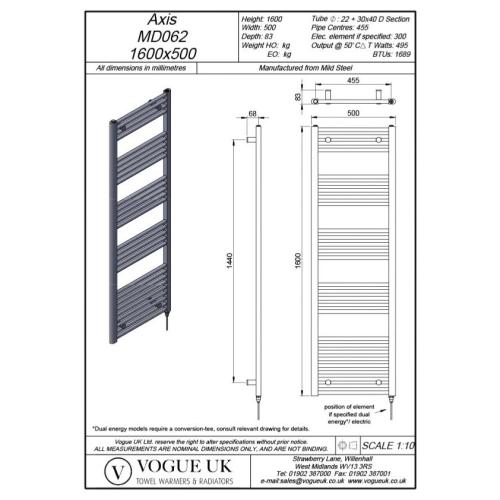 Vogue Axis 1600 x 500mm Straight Ladder Towel Rail Heating Only Chrome 1689BTU MD062 MS16050CP